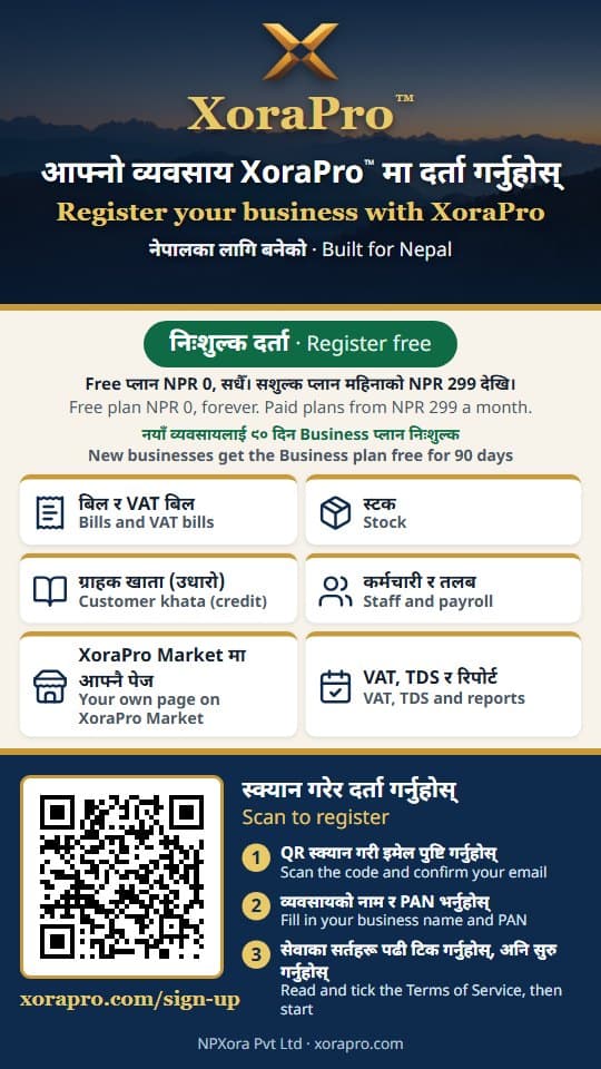 The XoraPro business registration poster: register free, what you get, and a QR code that opens xorapro.com/sign-up.