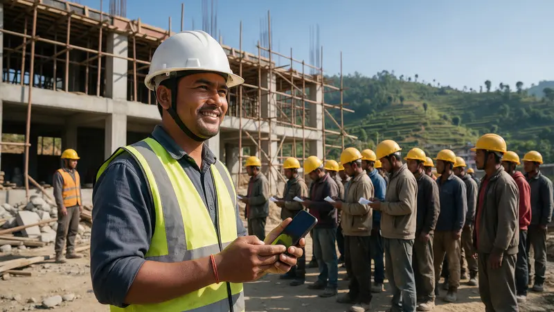 A site foreman checking workers in on his phone at a building site