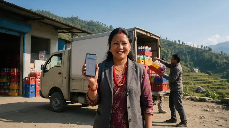 A distributor holding her phone while a delivery truck is loaded
