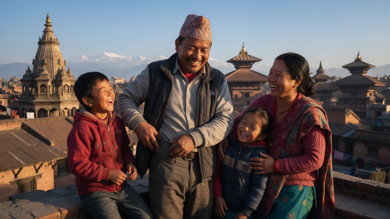 A Nepali family laughing together on a rooftop in Bhaktapur at sunset