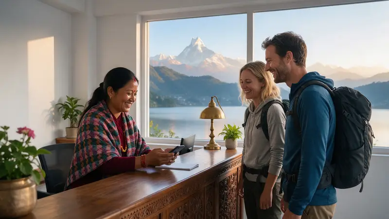 A hotel owner checking in trekkers on her phone, the mountains behind