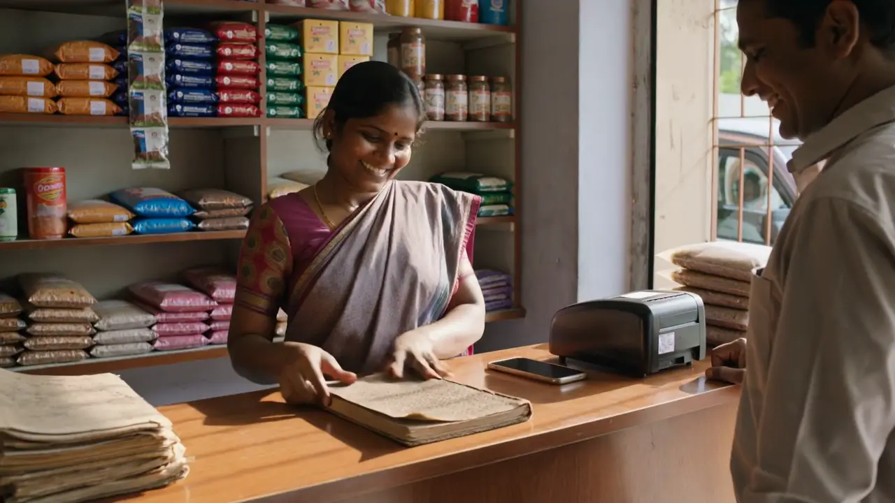 The same shop owner in the morning, smiling, recording a sale on her phone, the paper ledger closed beside her