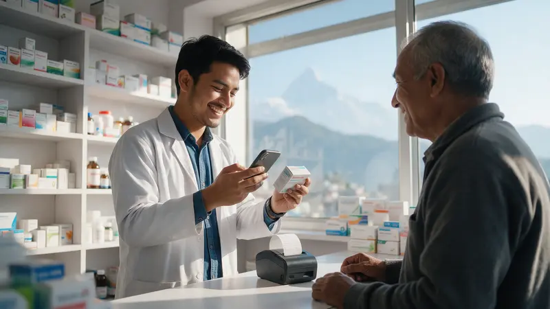 A pharmacist scanning a medicine box with his phone while a receipt prints
