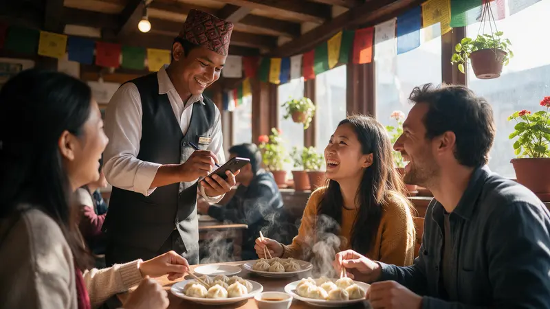 A waiter taking an order on his phone at a busy momo restaurant
