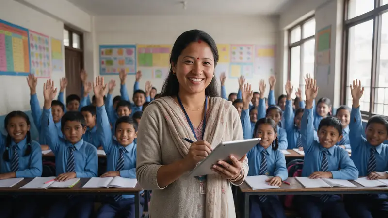 A teacher entering marks on a tablet in a bright classroom