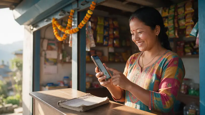 A shop owner recording a sale on her phone