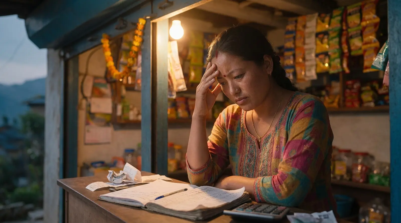 A shop owner at night, tired, over an open paper ledger, loose receipts and a calculator