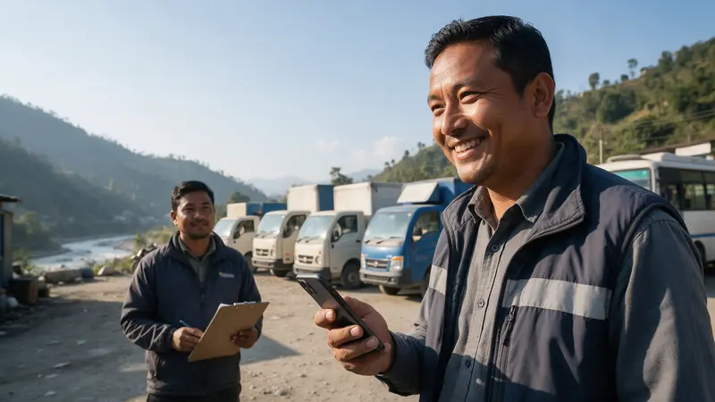 A fleet manager with his phone beside a row of delivery trucks